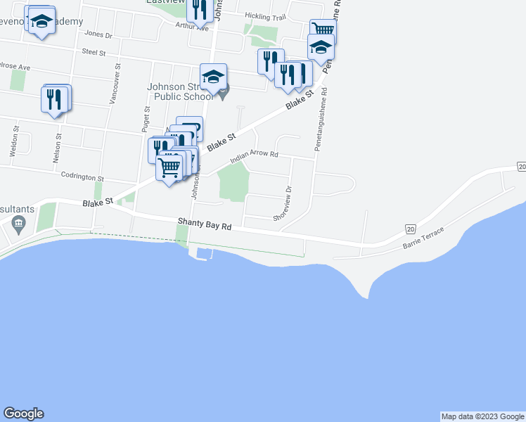 map of restaurants, bars, coffee shops, grocery stores, and more near 10 Shoreview Drive in Barrie