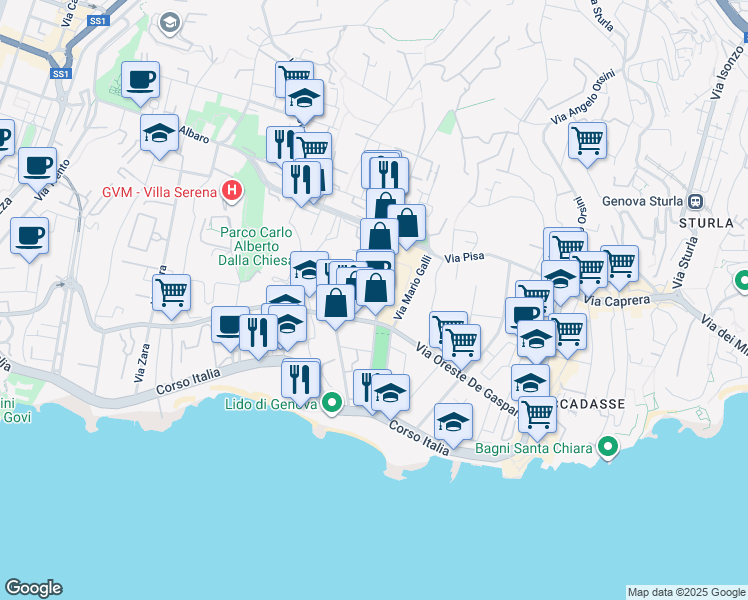 map of restaurants, bars, coffee shops, grocery stores, and more near 4 Via Emanuele Strasserra in Genoa