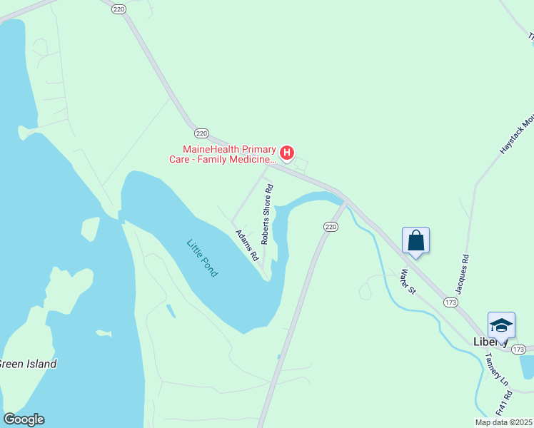 map of restaurants, bars, coffee shops, grocery stores, and more near Roberts Shore Road in Liberty