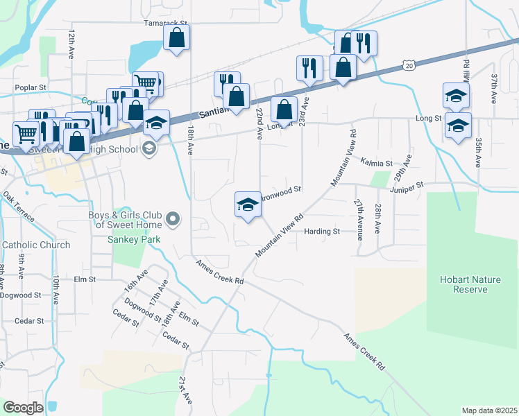 map of restaurants, bars, coffee shops, grocery stores, and more near 880 22nd Avenue in Sweet Home