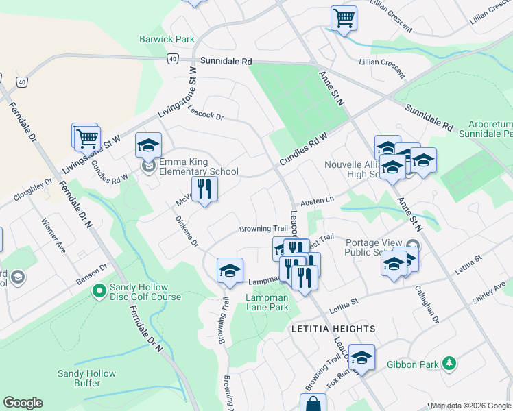 map of restaurants, bars, coffee shops, grocery stores, and more near 42 Mowat Crescent in Barrie