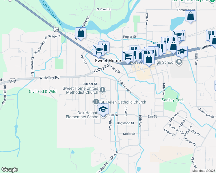 map of restaurants, bars, coffee shops, grocery stores, and more near 924 7th Avenue in Sweet Home