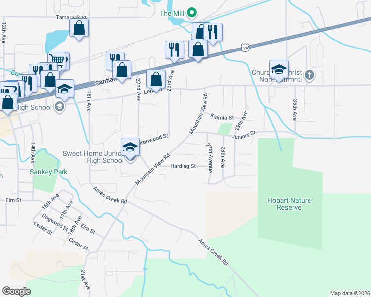 map of restaurants, bars, coffee shops, grocery stores, and more near 905 Mountain View Road in Sweet Home