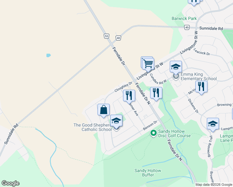 map of restaurants, bars, coffee shops, grocery stores, and more near 90 Cloughley Drive in Barrie
