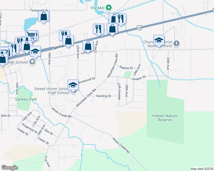 map of restaurants, bars, coffee shops, grocery stores, and more near 905 Mountain View Road in Sweet Home