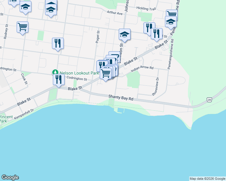 map of restaurants, bars, coffee shops, grocery stores, and more near 28 Johnson Street in Barrie