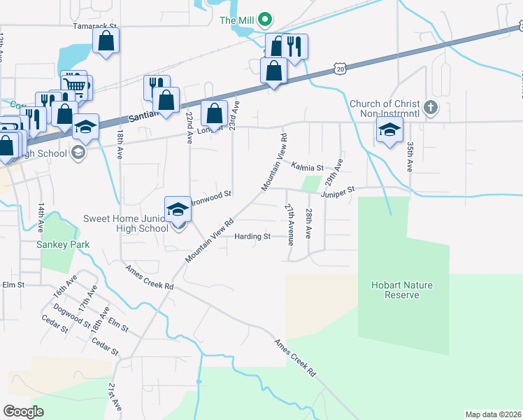 map of restaurants, bars, coffee shops, grocery stores, and more near 980 Mountain View Road in Sweet Home