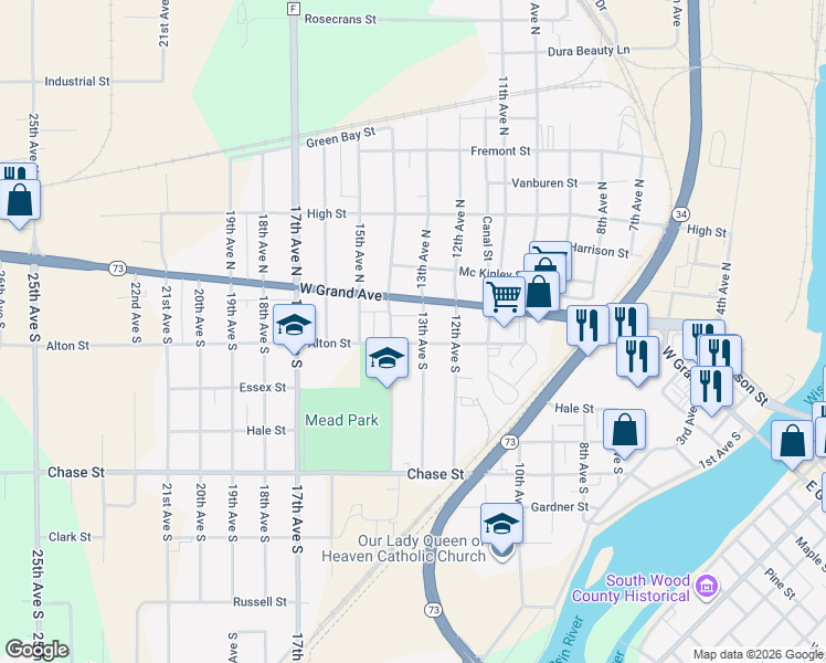 map of restaurants, bars, coffee shops, grocery stores, and more near 1251 West Grand Avenue in Wisconsin Rapids