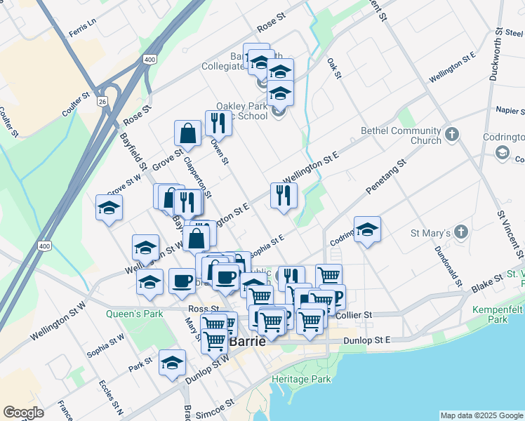 map of restaurants, bars, coffee shops, grocery stores, and more near 56 Peel Street in Barrie