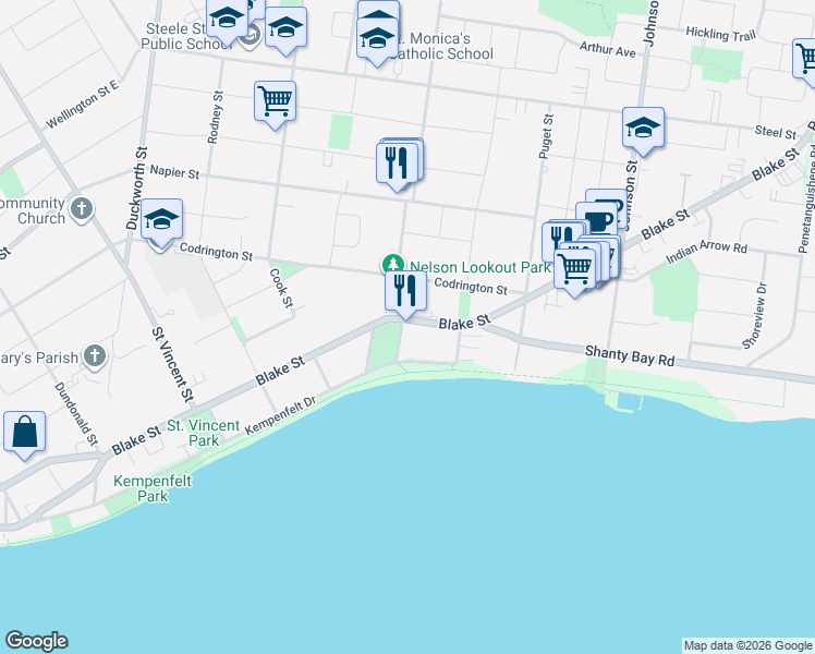 map of restaurants, bars, coffee shops, grocery stores, and more near 193 Blake Street in Barrie
