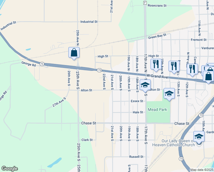 map of restaurants, bars, coffee shops, grocery stores, and more near 150 21st Avenue South in Wisconsin Rapids