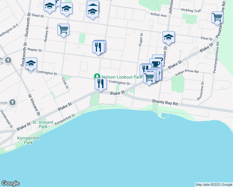 map of restaurants, bars, coffee shops, grocery stores, and more near Blake Street in Barrie