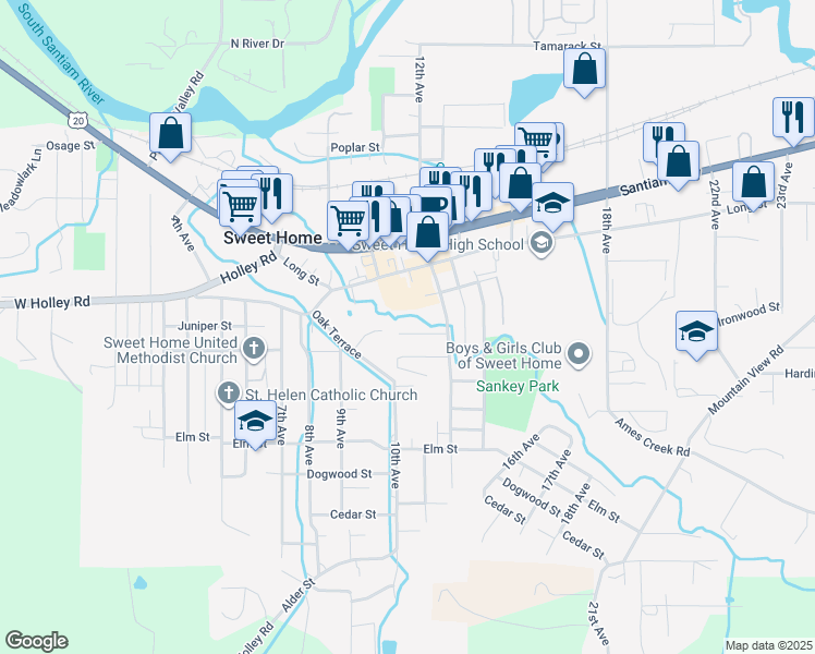 map of restaurants, bars, coffee shops, grocery stores, and more near 1106 Juniper Street in Sweet Home