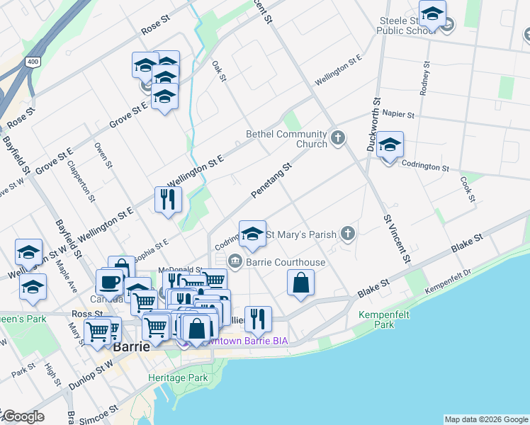 map of restaurants, bars, coffee shops, grocery stores, and more near 98 Codrington Street in Barrie