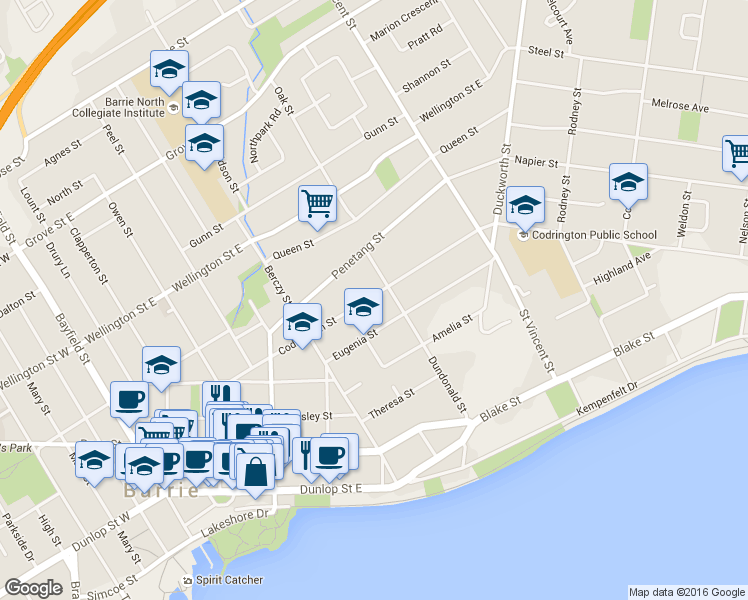 map of restaurants, bars, coffee shops, grocery stores, and more near 109 Codrington Street in Barrie