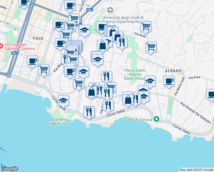 map of restaurants, bars, coffee shops, grocery stores, and more near 23 C Via Zara in Genova