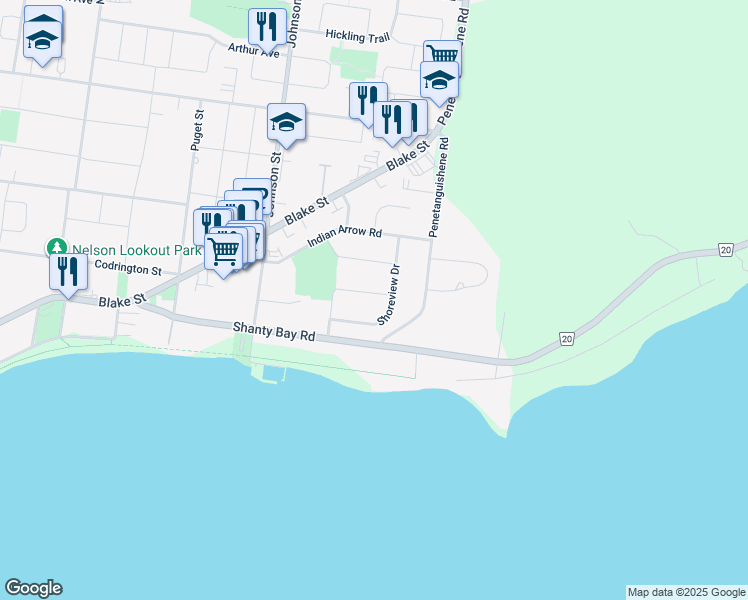 map of restaurants, bars, coffee shops, grocery stores, and more near 29 Garrett Crescent in Barrie