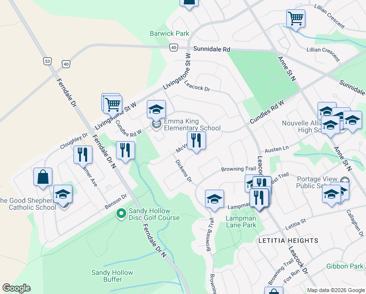 map of restaurants, bars, coffee shops, grocery stores, and more near McVeigh Drive in Barrie