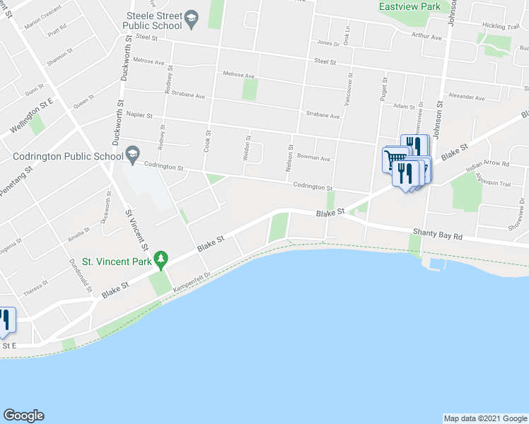 map of restaurants, bars, coffee shops, grocery stores, and more near 172 Blake Street in Barrie