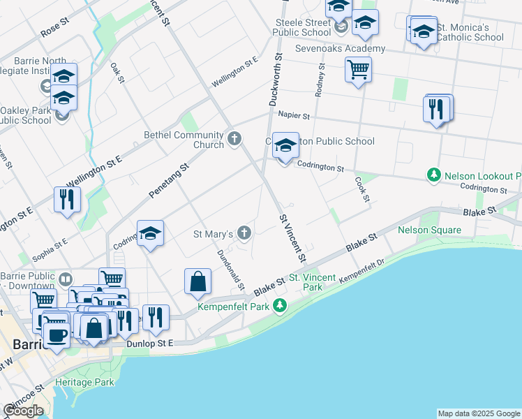 map of restaurants, bars, coffee shops, grocery stores, and more near 111 Duckworth Street in Barrie