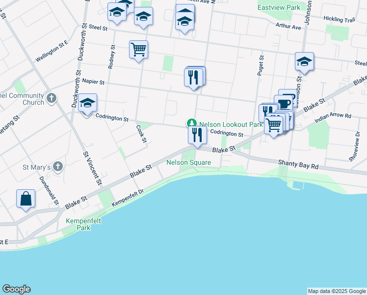 map of restaurants, bars, coffee shops, grocery stores, and more near 176 Blake Street in Barrie