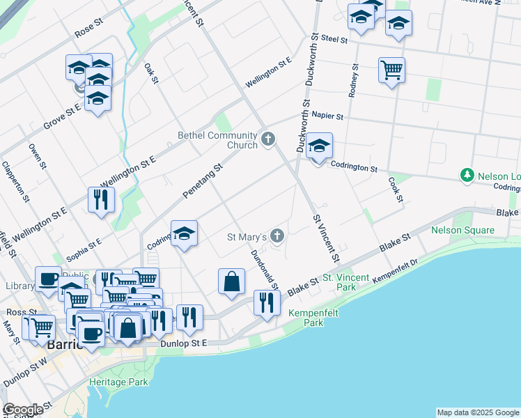 map of restaurants, bars, coffee shops, grocery stores, and more near in Barrie