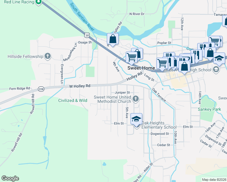 map of restaurants, bars, coffee shops, grocery stores, and more near 1025 3rd Avenue in Sweet Home