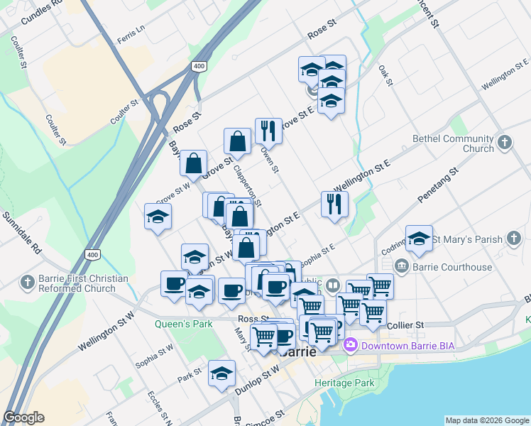 map of restaurants, bars, coffee shops, grocery stores, and more near 115 Clapperton Street in Barrie