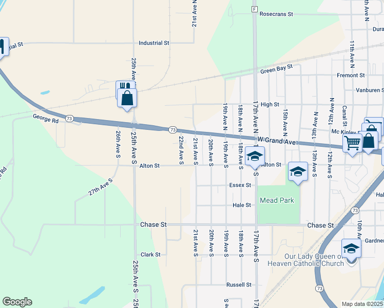 map of restaurants, bars, coffee shops, grocery stores, and more near 150 21st Avenue South in Wisconsin Rapids