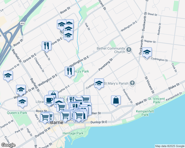 map of restaurants, bars, coffee shops, grocery stores, and more near 32 Penetang Street in Barrie