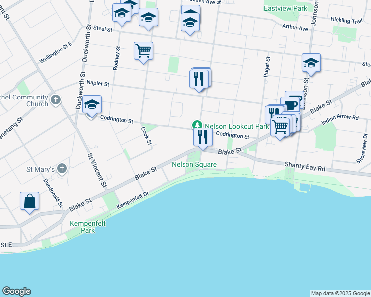 map of restaurants, bars, coffee shops, grocery stores, and more near 176 Blake Street in Barrie