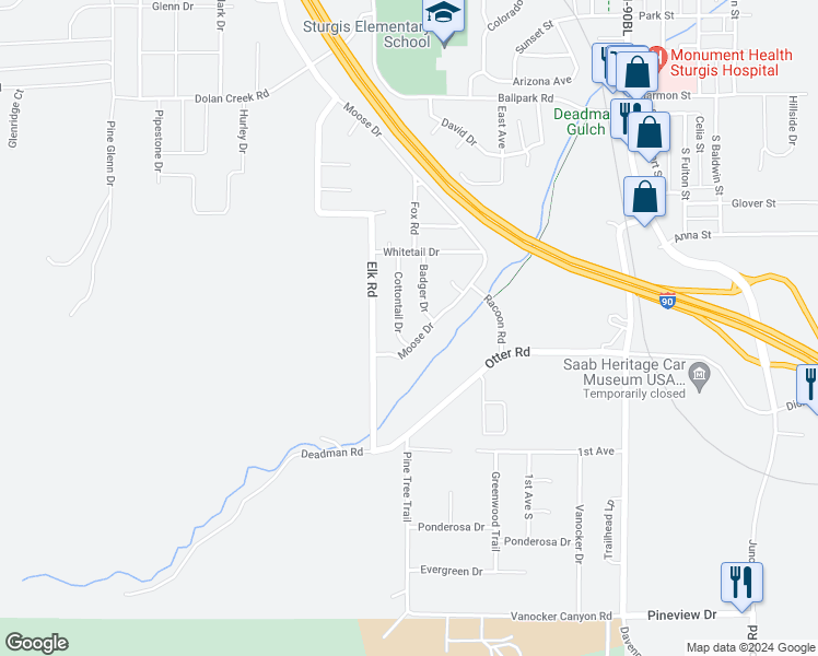 map of restaurants, bars, coffee shops, grocery stores, and more near 2630 Cottontail Drive in Sturgis