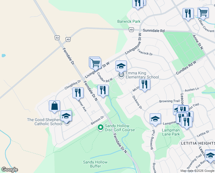 map of restaurants, bars, coffee shops, grocery stores, and more near 8 McCutcheon Court in Barrie