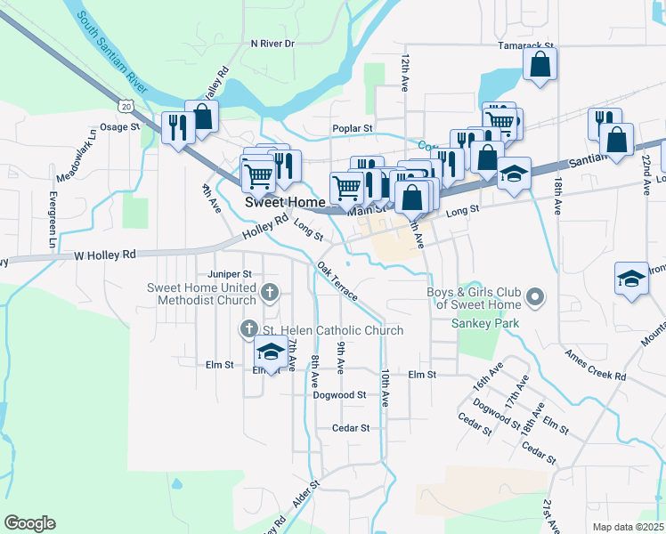 map of restaurants, bars, coffee shops, grocery stores, and more near 800 Oak Terrace in Sweet Home