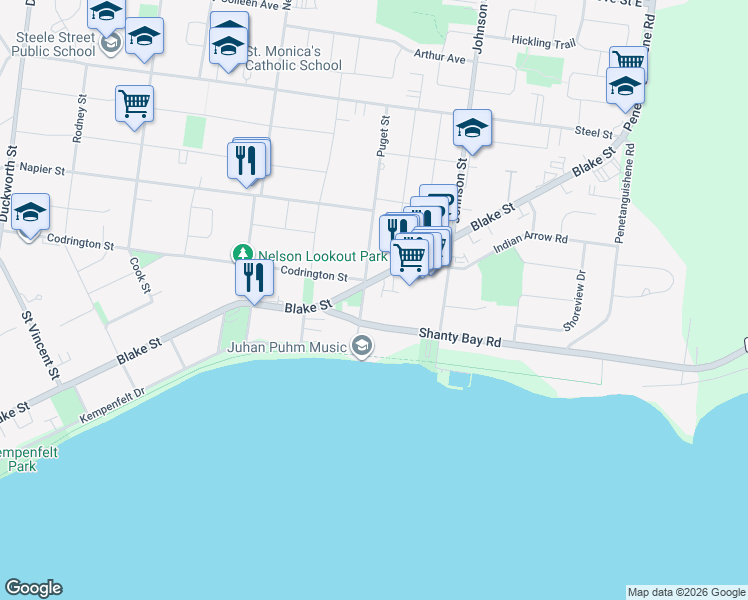 map of restaurants, bars, coffee shops, grocery stores, and more near 275 Blake Street in Barrie