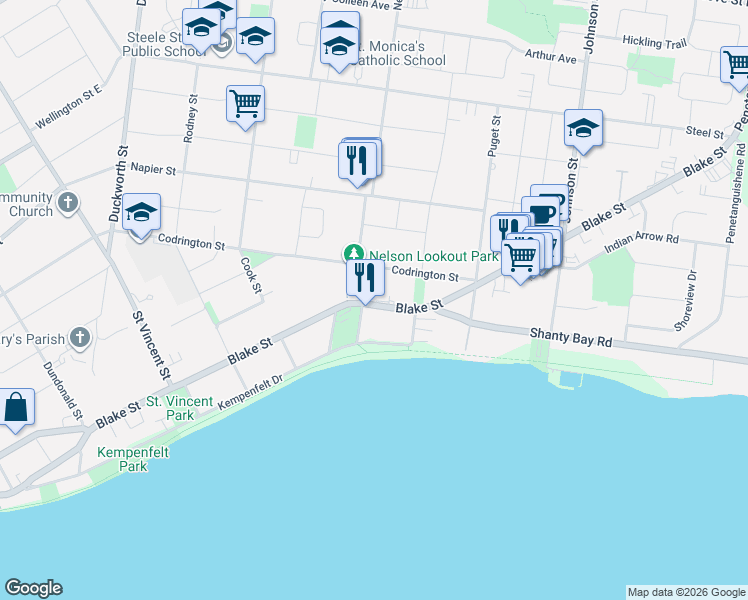 map of restaurants, bars, coffee shops, grocery stores, and more near in Barrie