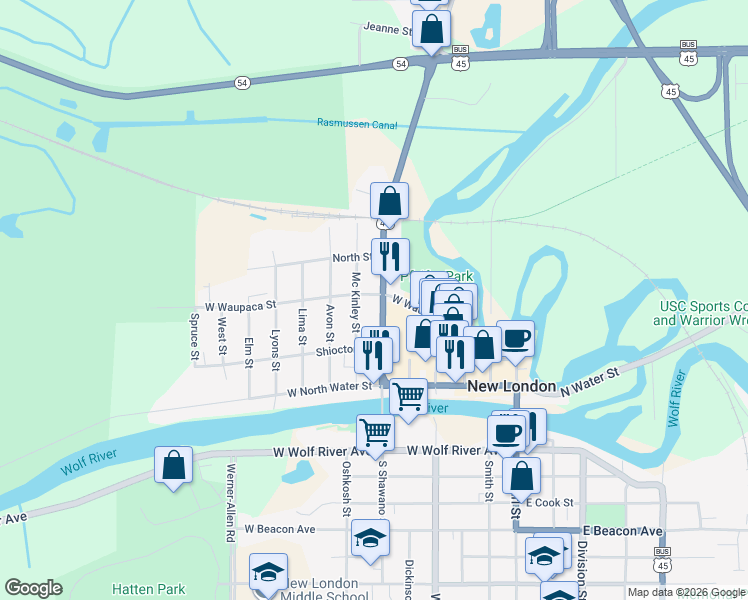 map of restaurants, bars, coffee shops, grocery stores, and more near 333 North Shawano Street in New London