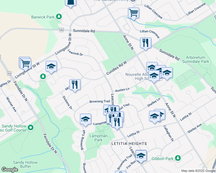 map of restaurants, bars, coffee shops, grocery stores, and more near 482 Leacock Drive in Barrie