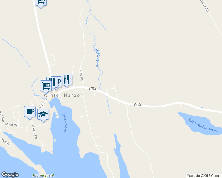 map of restaurants, bars, coffee shops, grocery stores, and more near Duck Pond Road in Winter Harbor