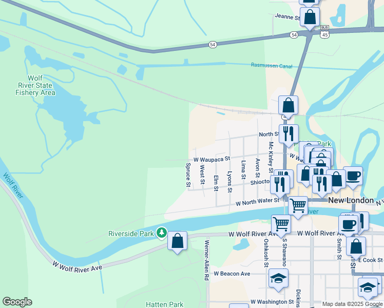map of restaurants, bars, coffee shops, grocery stores, and more near 1215 West Waupaca Street in New London