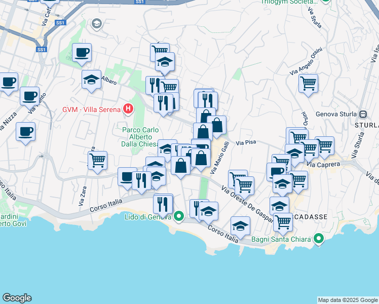 map of restaurants, bars, coffee shops, grocery stores, and more near 4 Via Emanuele Strasserra in Genova