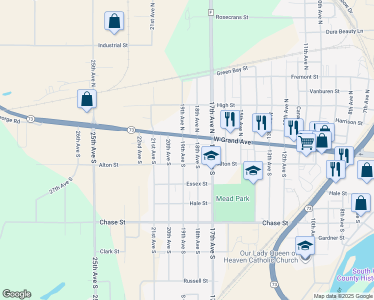 map of restaurants, bars, coffee shops, grocery stores, and more near 131 19th Avenue North in Wisconsin Rapids