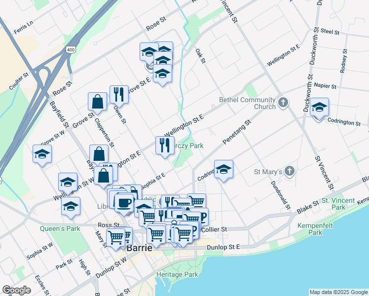 map of restaurants, bars, coffee shops, grocery stores, and more near in Barrie