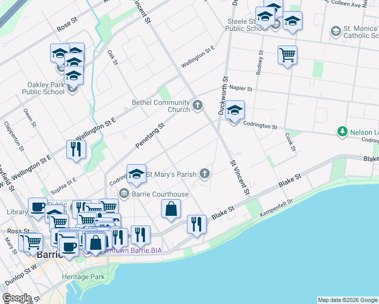 map of restaurants, bars, coffee shops, grocery stores, and more near 74 Eugenia Street in Barrie