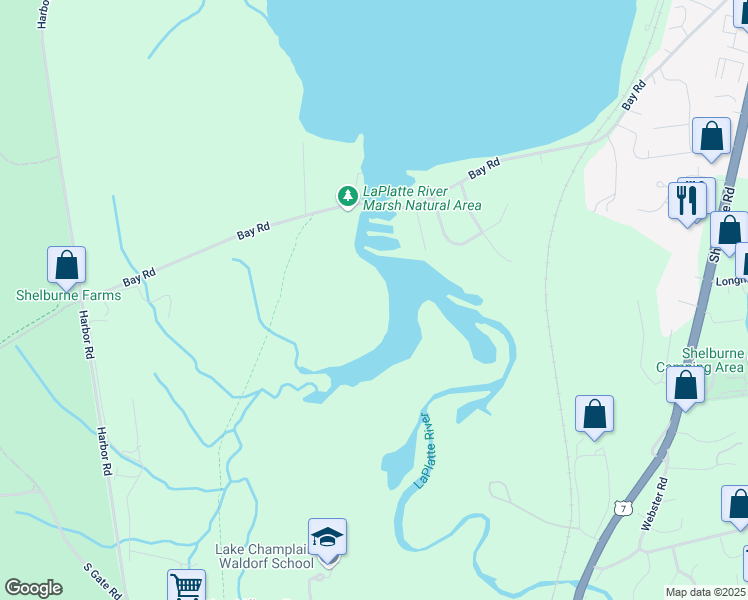 map of restaurants, bars, coffee shops, grocery stores, and more near 987 Bay Road in Shelburne