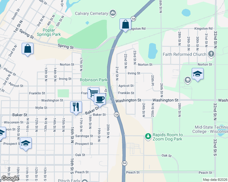 map of restaurants, bars, coffee shops, grocery stores, and more near 2111 Franklin Street in Wisconsin Rapids