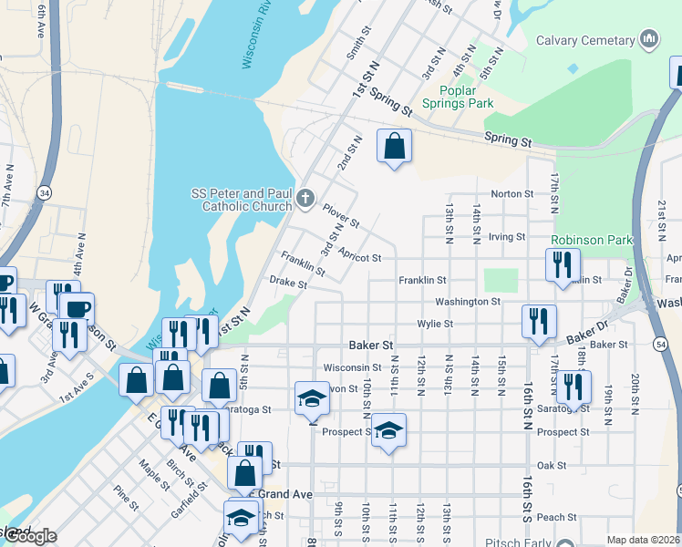 map of restaurants, bars, coffee shops, grocery stores, and more near 1031 Broadway Street in Wisconsin Rapids