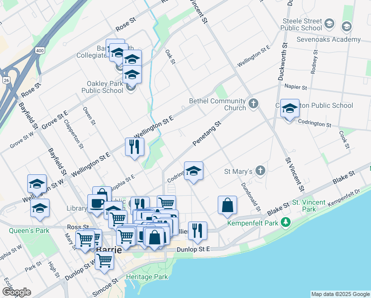 map of restaurants, bars, coffee shops, grocery stores, and more near in Barrie