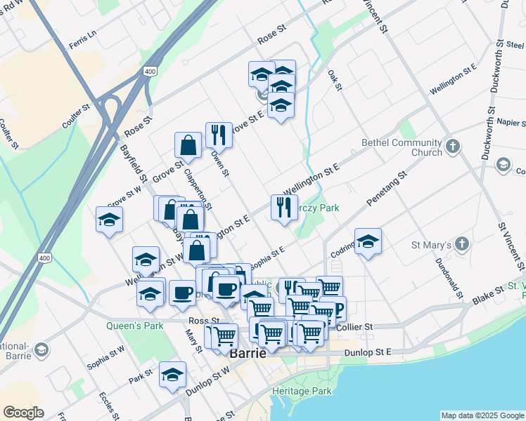 map of restaurants, bars, coffee shops, grocery stores, and more near in Barrie