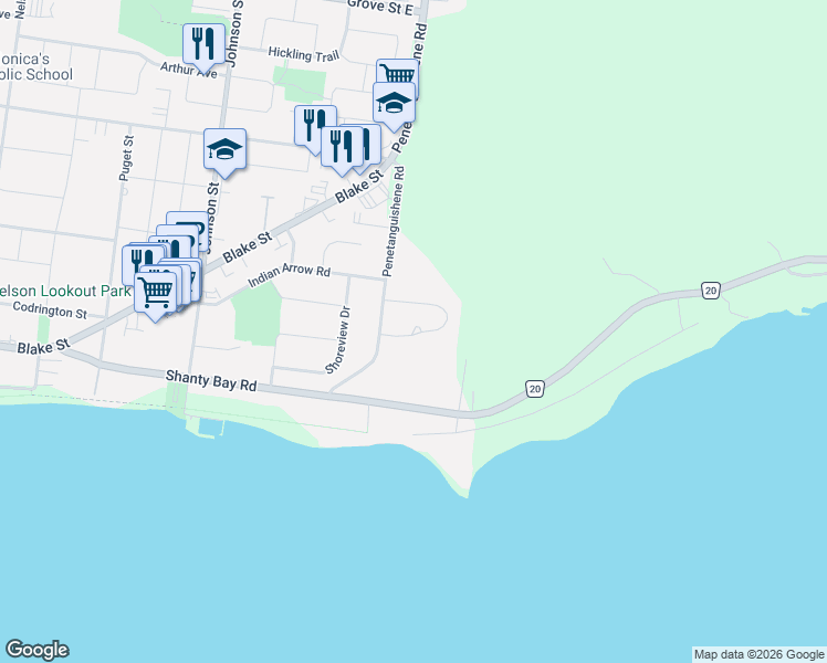 map of restaurants, bars, coffee shops, grocery stores, and more near in Barrie